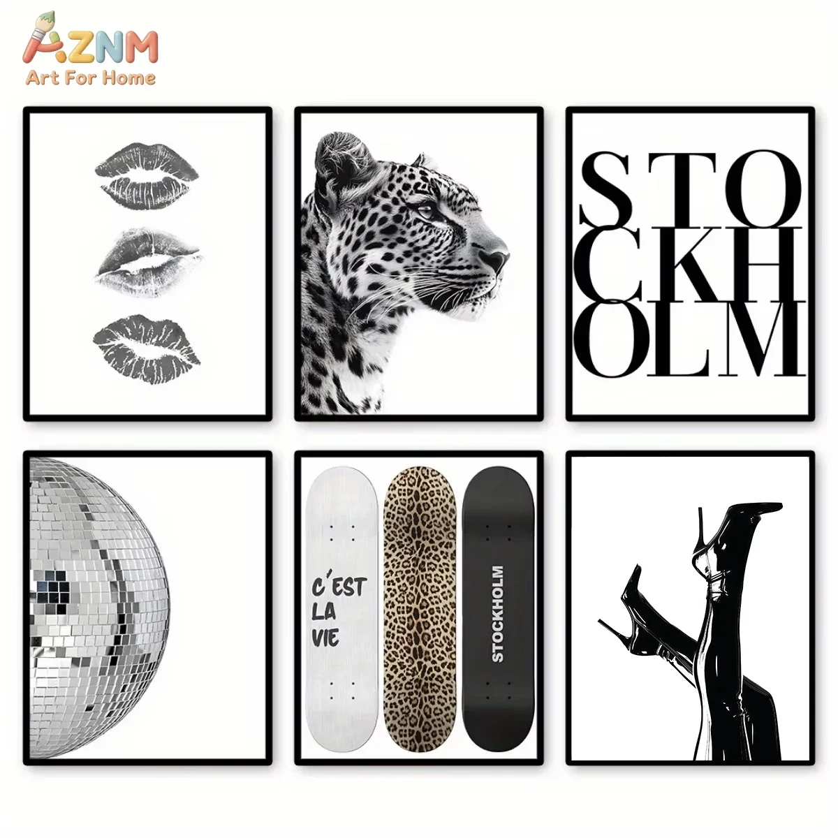AZNM Black White Fashion Leopard Disco Ball Canvas Wall Art Lips High Heels Skateboard Print Poster Room Decor No Frame