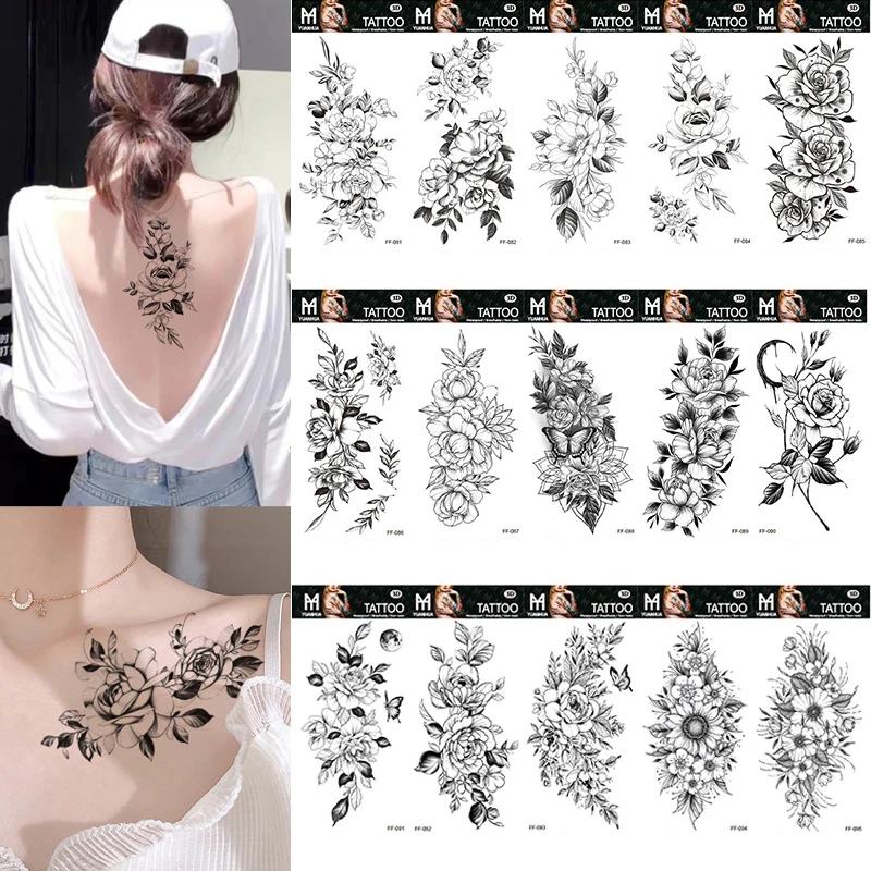 Water Transfer Black Flower Paster Temporary Waterproof Tattoos Sticker Fashion Sketch Rose Tattoos Sticker Body Art Decoration