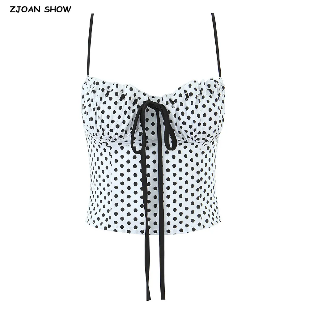 Sexy White with Black Polka Dot Drawstring Bow Chest Camisole Camis Women Summer Elastic Back Tank Tops Girl Sexy Slim Crop Top