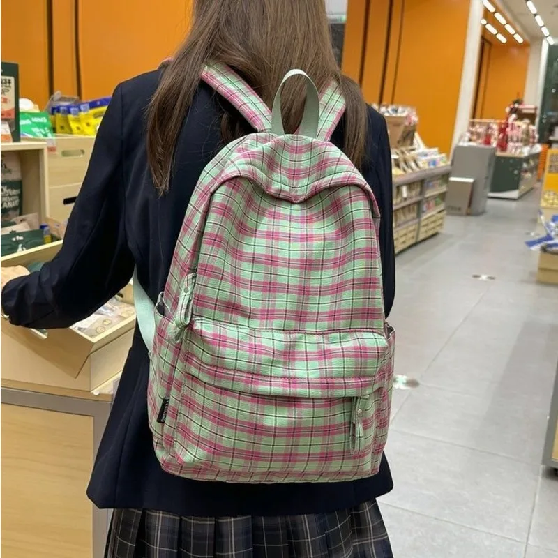 

Vintage Checkered Backpack Women's Ins Pastel Color Large Capacity Zipper Multi Style Versatile College Student Campus Backpack