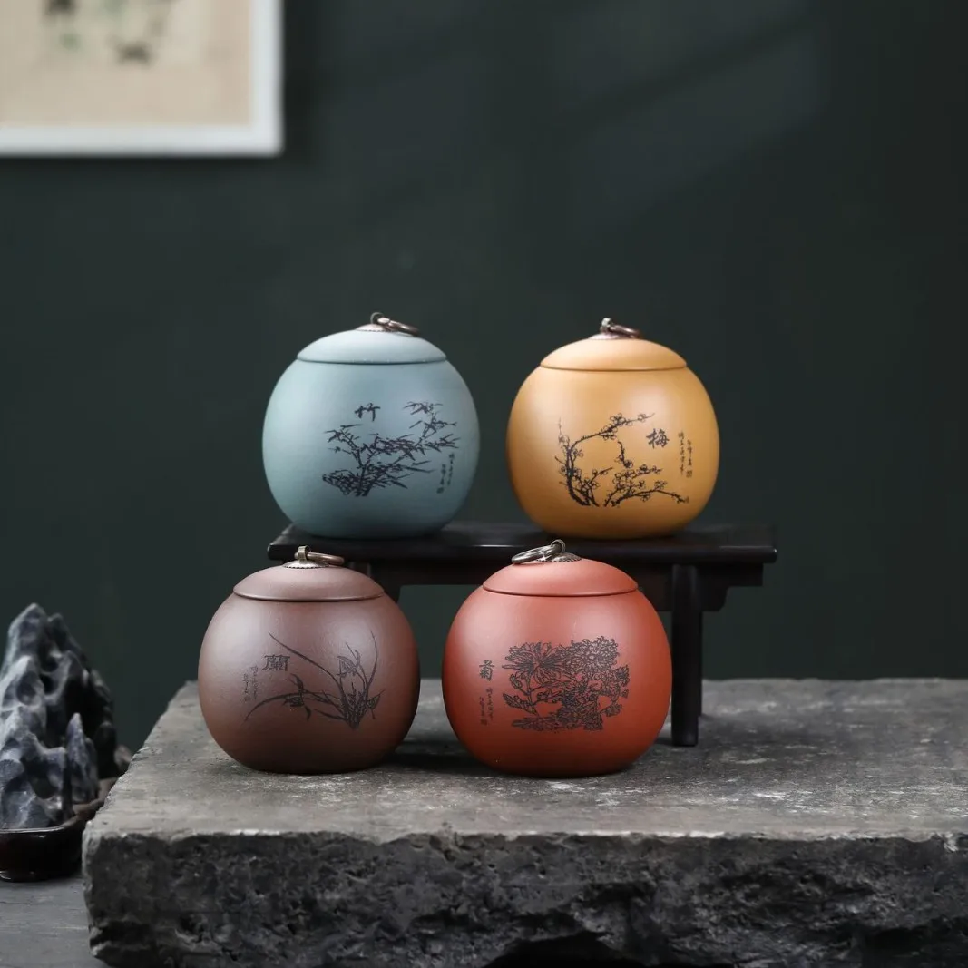 Purple Clay With Plum, Orchid, Bamboo, And Chrysanthemum Designs, Made From Raw Ore In Yixing, Small Size For Home Use, Portable