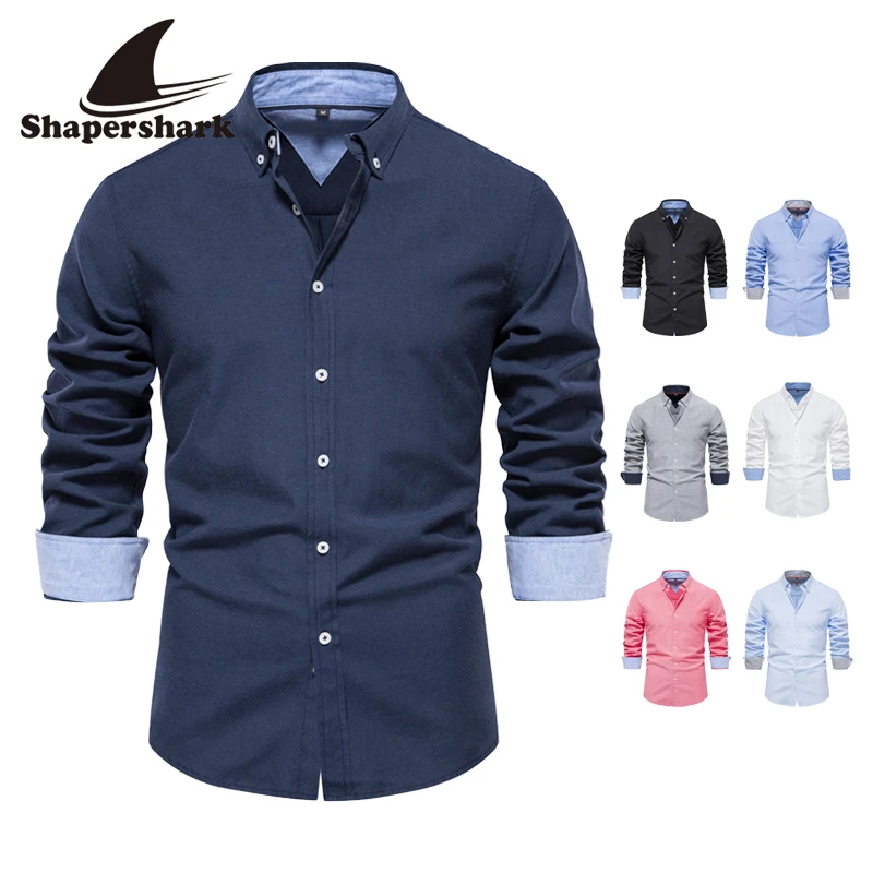 Men's Spring/Fall Long-Sleeve Button-Down Solid-Color Shirt Suitable for Business and Casual Occasions Contrasting Cuff Design