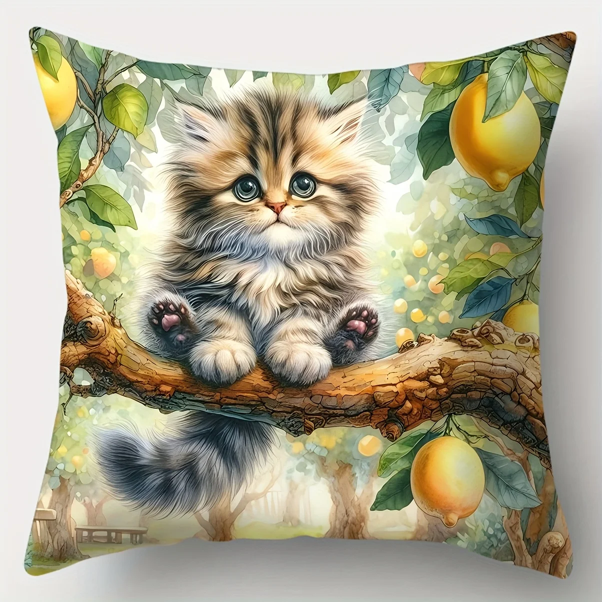 4 cute cat print pillowcases, designed with a pattern of cats sitting on lemon tree trunks. Features single-sided printing