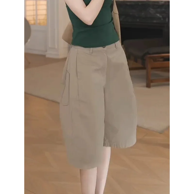 شورت كلاسيكي بلون سادة للنساء، شورت صيفي بسيط عالي الخصر وفضفاض ومتعدد الاستخدامات #4