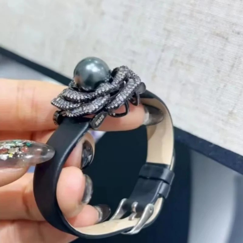 Exquisite 10-11mm tahitian round black pearl bracelet jewelry charms bracelet for women 925 sterling silver clover bracelet