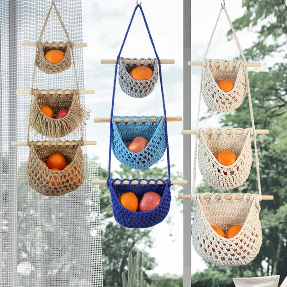 

3 tier Fruit Vegetable Storage H made Cotton Rope Hanging Basket White Kitchen Large Capacity Ventilation Design Hanging Fruit
