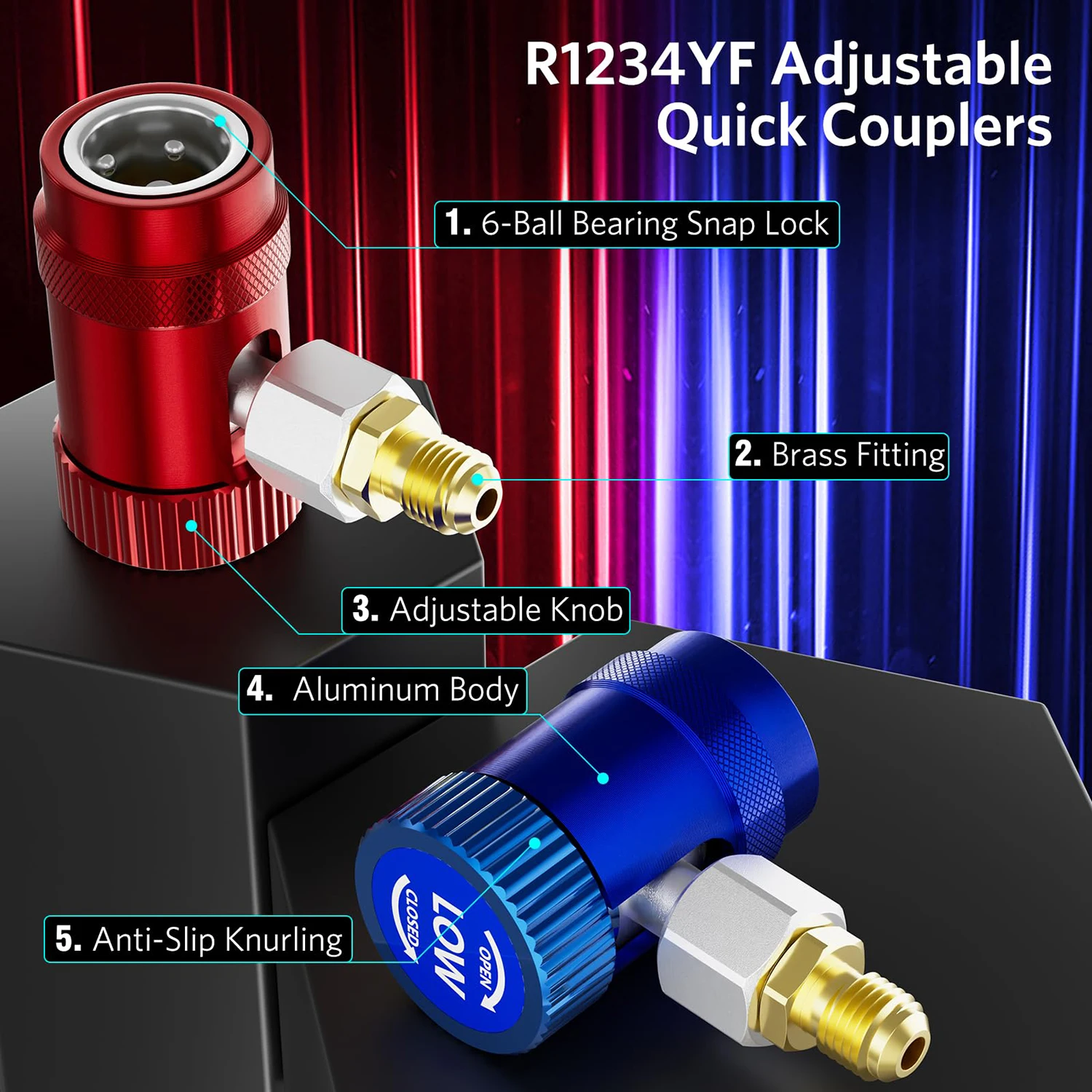 R1234yf Quick Couplers Adapter 1pair High/Low Side Adjustable Connectors Kit for Car AC System Evacuation Recharging