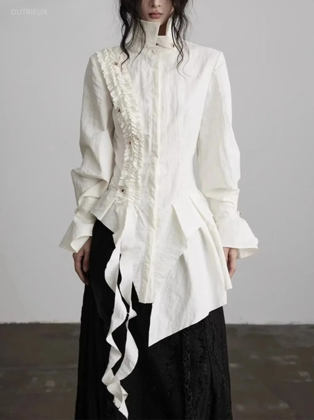 Japanese Minority French Exquisite Shirt Asymmetry Ruffles Slim Waist Fresh Blouses Lace Up Ruched All-match Moda Blusas