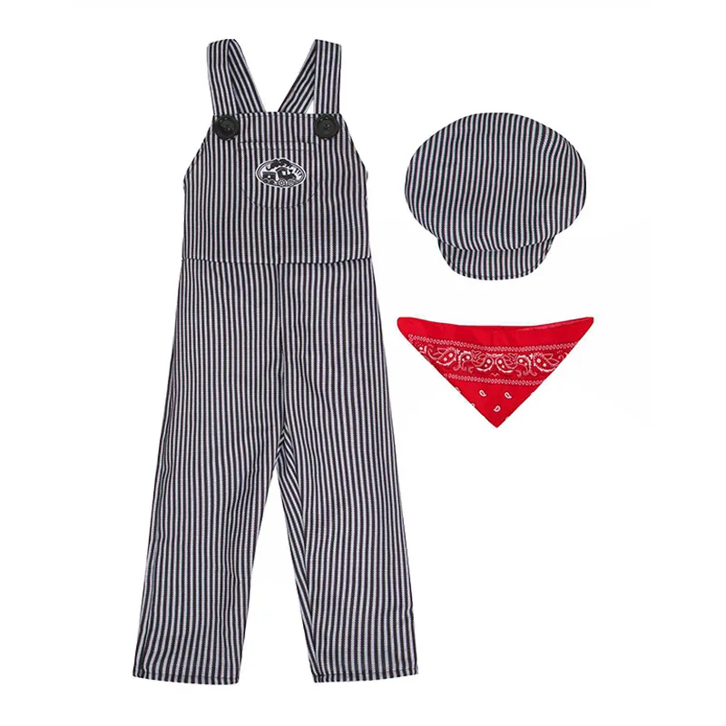 Criança trem engenheiro terno halloween fantasia vestir-se vintage listrado pequeno trem ferroviário engenheiro macacão roupa para menino