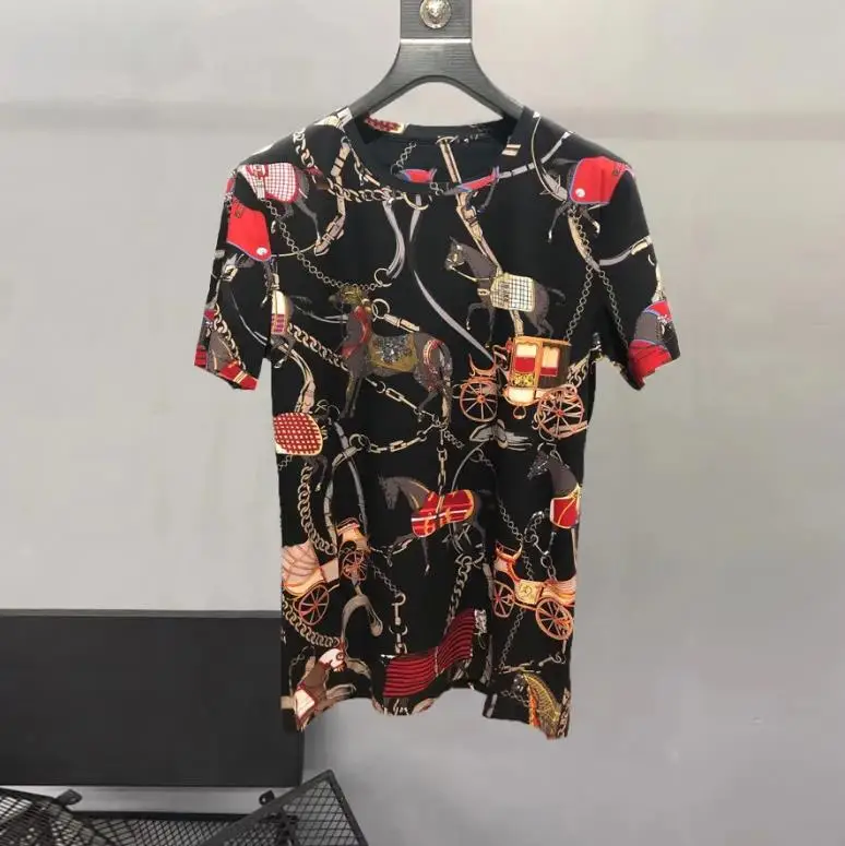 European and American men's wear summer 2024 new Court chain printing with short sleeve and round collar Fashion T-shirt