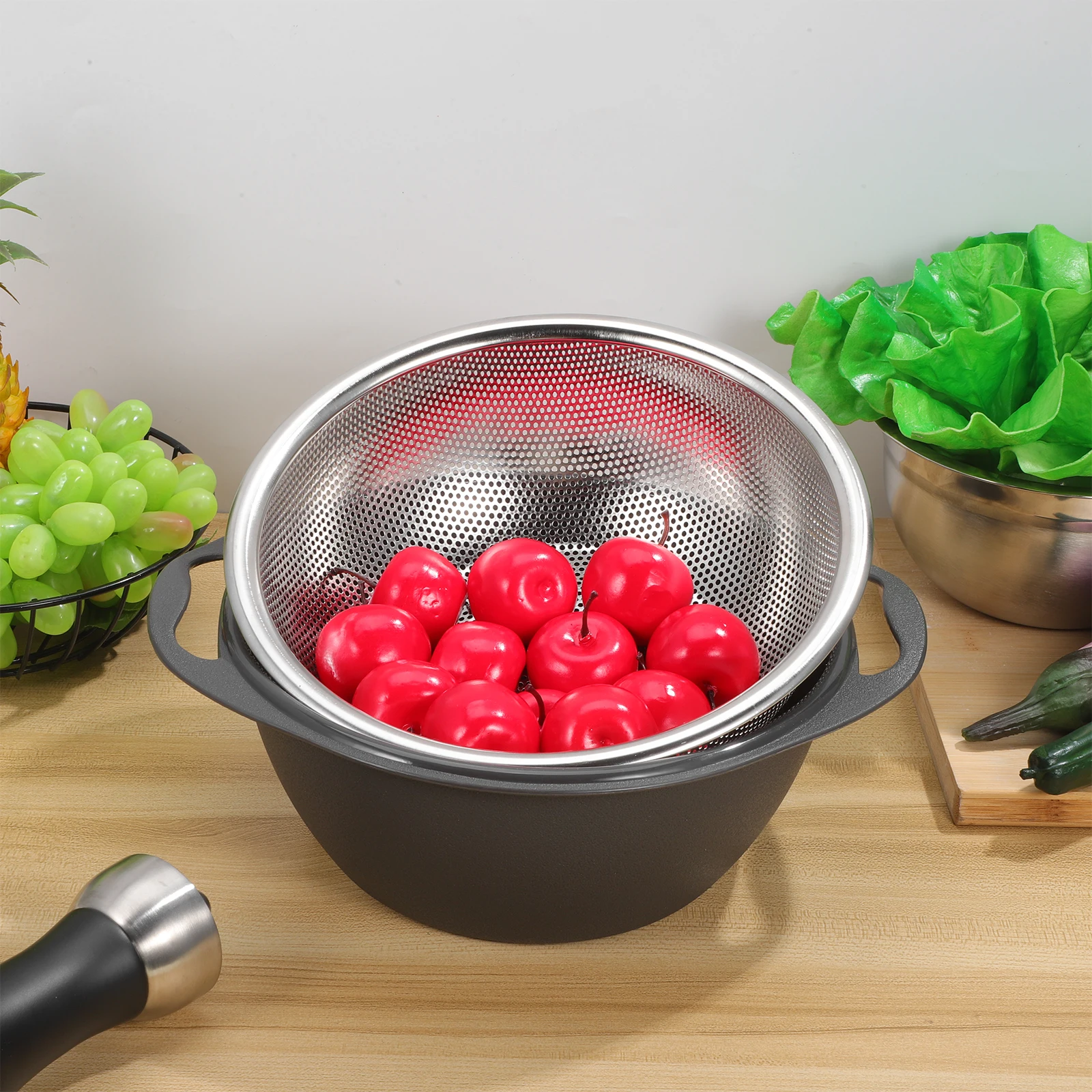 

Stainless Steel Drain Basket Vegetable Fruit Washing Bowl Pottery Strainer Black Large Capacity Kitchen Gadget