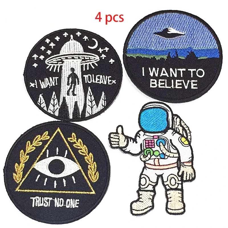 4PCS Embroidered I Want To Leave UFO Patches, Space Astronaut, Trust No One Patch Iron on Sew on Believe Applique DIY Craft