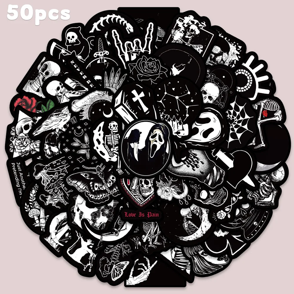 50 Stück dunkle Totenkopf-Aufkleber, Cartoon-Schwarz-Weiß-Graffiti-Aufkleber für Telefon, Laptop, Gepäck, DIY, Dekoration, Aufkleber, Halloween-Geschenk