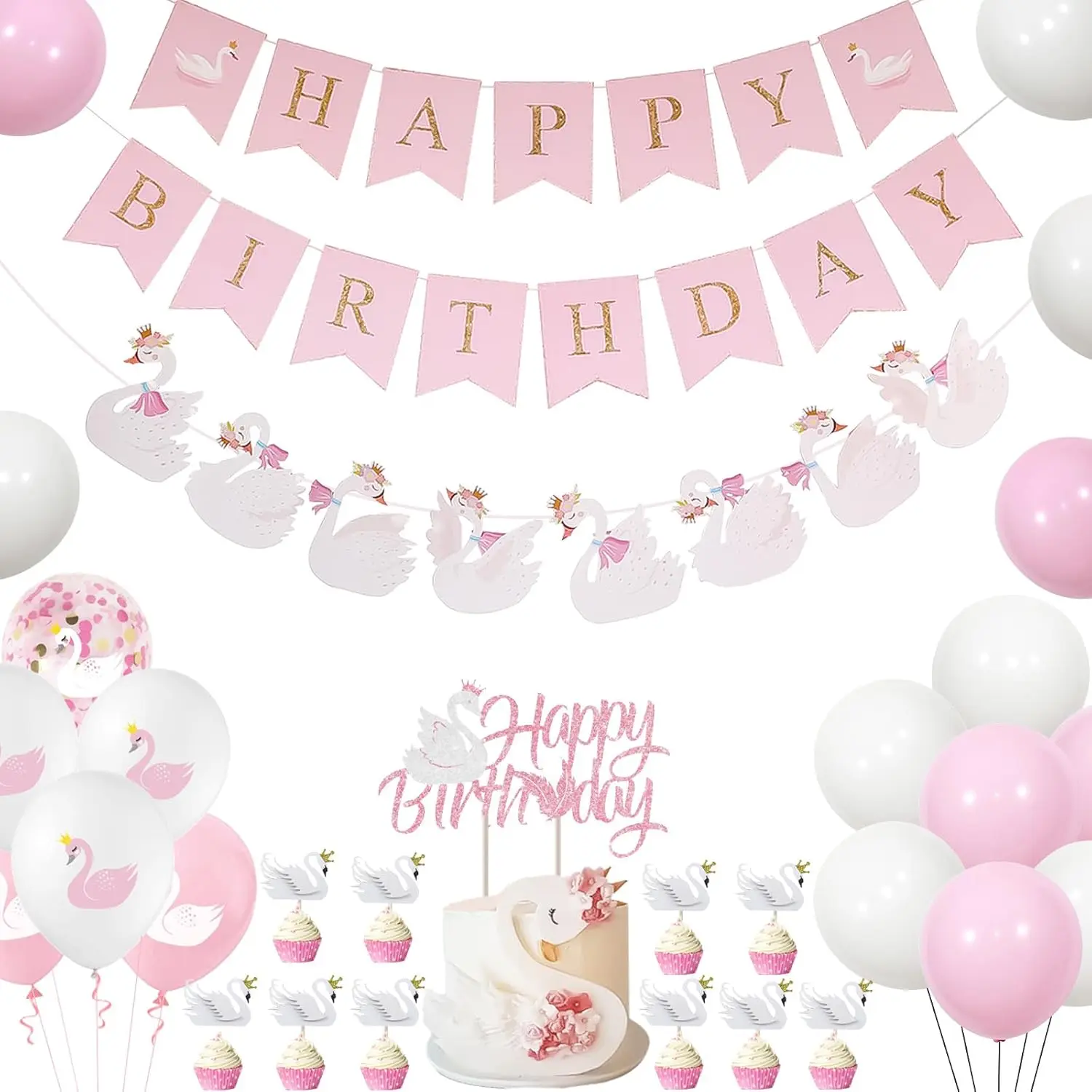 Cisne princesa decoraciones de fiesta Banner blanco rosa cisne globo pastel Cupcake Topper globo para niña fiesta de cumpleaños Baby Shower