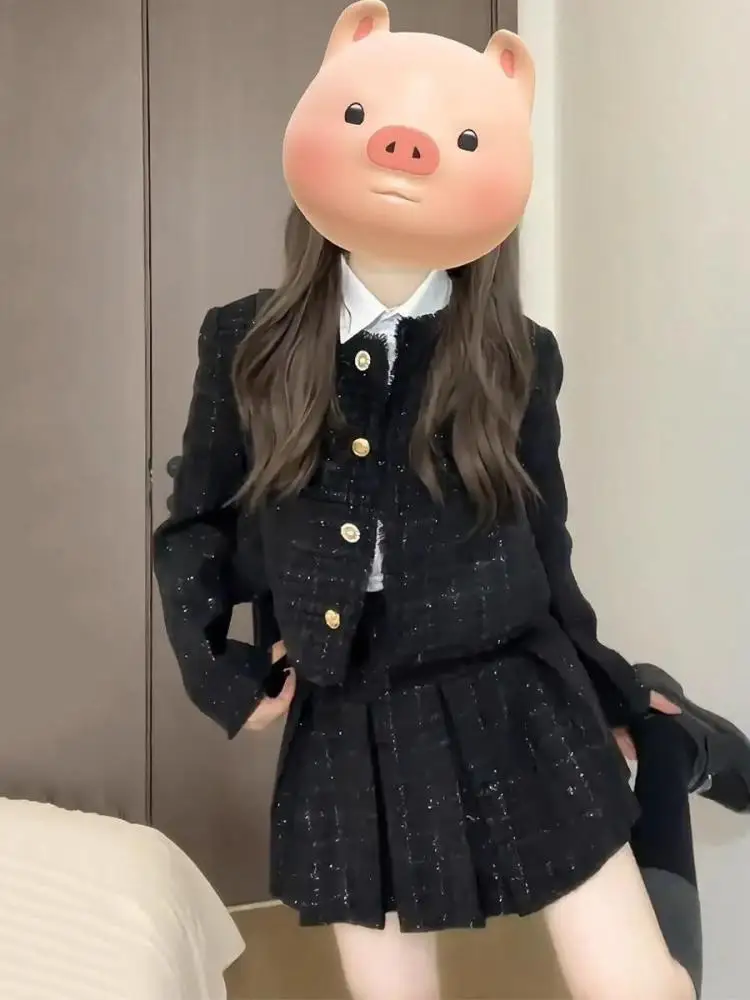 

Autumn Winter French Two Piece Set Women Black Elegant Single Breasted Long Sleeved Tops And High Waist Pleated Short Skirt Suit