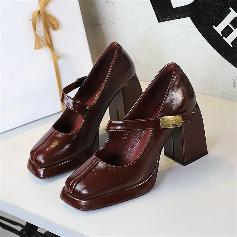 Retro Style European And American High Heels Women's Shoes Thick Heels Waterproof Platform Metal Buckle One-Strip Single Shoes