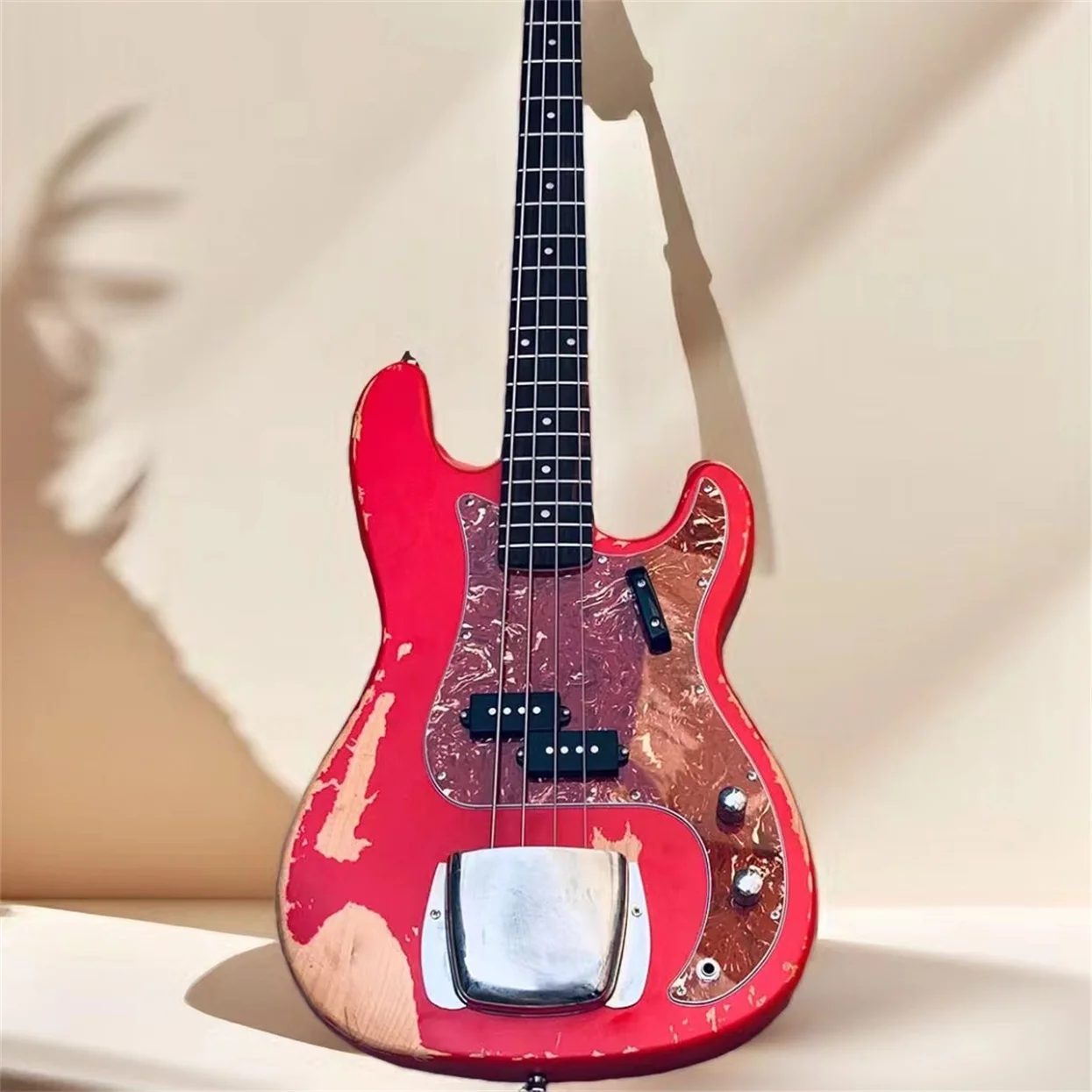 Custom Electric Bass Guitar, 4 String, Aged Relic Candy Apple JAZZ, Red,