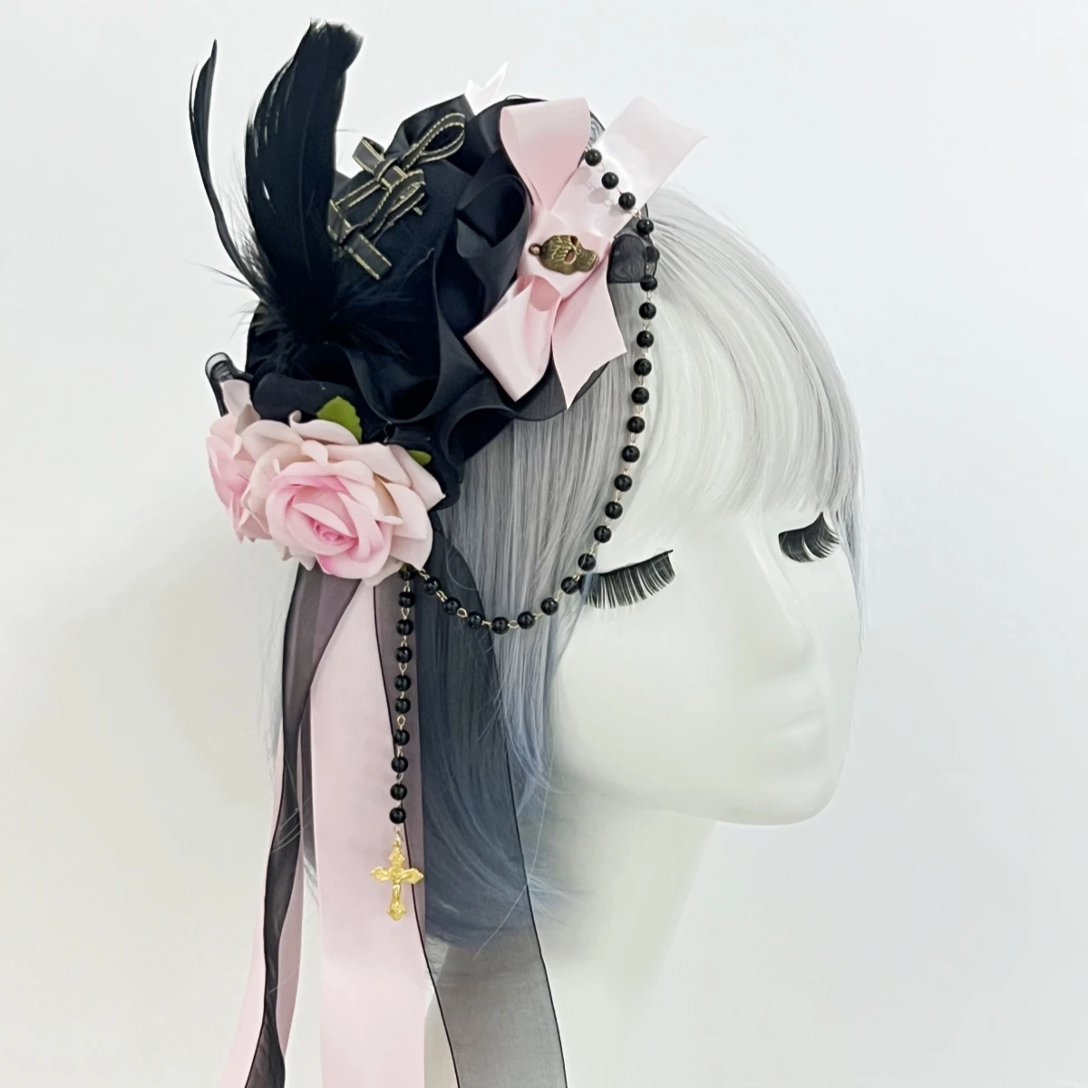 フェザー ゴスロリ 黒帽子 フラワーボール バレッタ ロリータ ヘッドドレス ローズ ロリータ ヘアアクセサリー