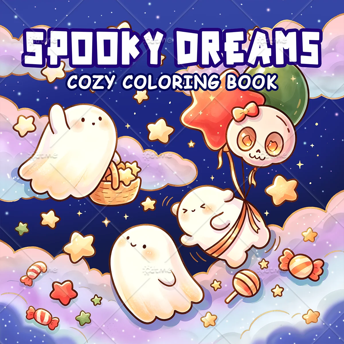 Spooky Dreams Adult Coloring Book Large Print Cozy Kawaii Ghost Star Sky Scenes, Stress Relief Relaxing Art Therapy Drawing Book