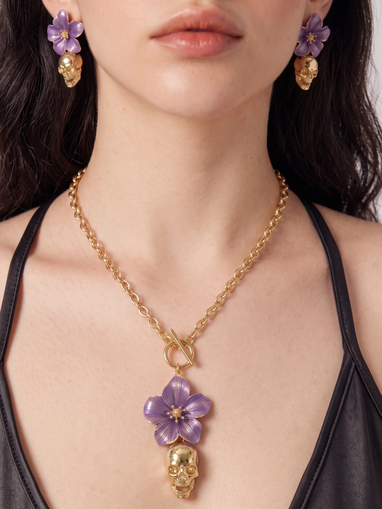 1 Set of Sexy Punk Gothic Style Purple Floral Skull Design Earrings and Necklace Jewelry Set, Featuring an Ot Clasp Chain Necklace and Pendant Earrings Combination, Aesthetic Party Accessories, Designed Specifically for Women