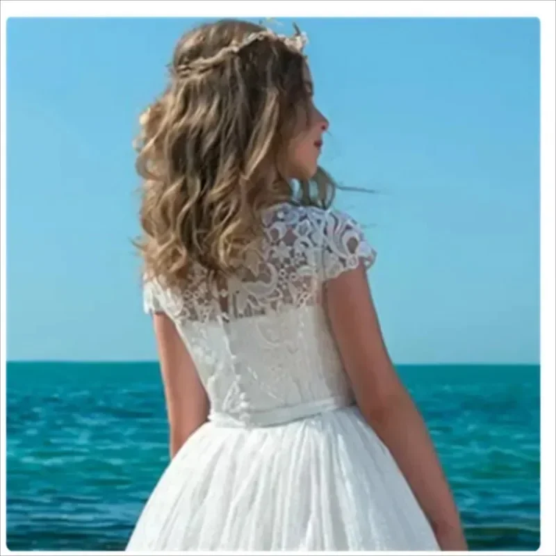 Vestido de encaje blanco para niña de flores, calcomanía con lazo, manga corta, Princesa, vestido de graduación para boda, fiesta de cumpleaños, vestido de noche