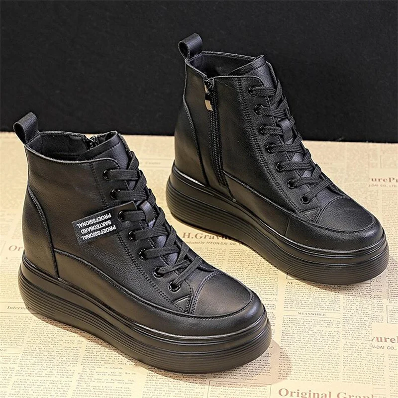 Women 8cm Platform Wedge Sneakers Black Shoes Spring Autumn Genuine Leather Footwear Keep Warm Fashion Sneakers Winter Shoes New