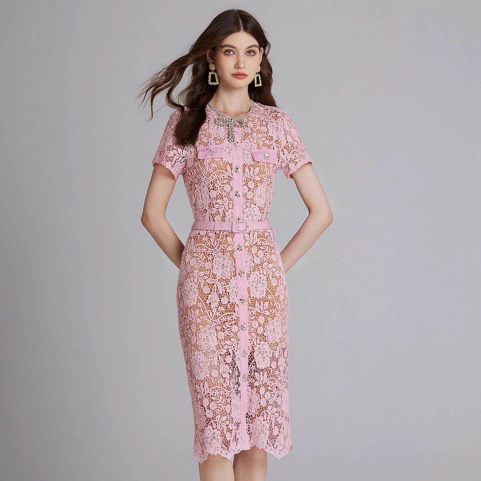 Luxury Fashion Summer Pink Embroidery Lace Bodycon Midi Dress Women O Neck  Diamonds Bow Buttons Hollow Out Slim Belt Party Dress