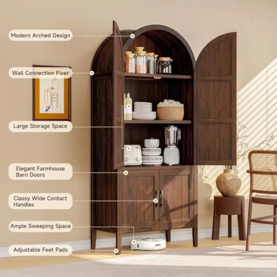 71 Tall Wooden Arched Cabinet for Kitchen Pantry Use, Natural Wood Finish with Adjustable Feet, Farmhouse Style 5-Tier Storage view 3