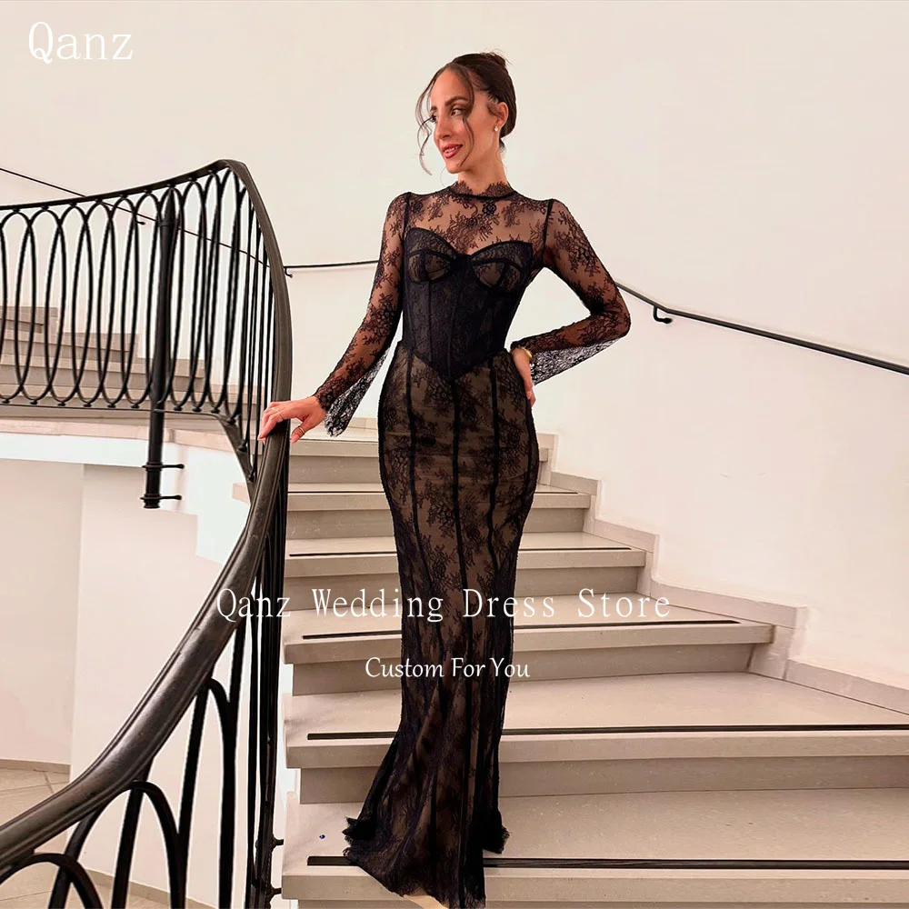

Qanz Формальные прозрачные платья для выпускного вечера с высоким воротом и длинными рукавами Русалка Черные кружевные аппликации Роскошные женские вечерние платья по индивидуальному заказу