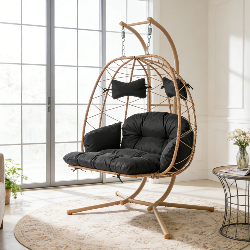

2-Person Hanging Egg Chair w/ Stand, Outdoor Wicker Swing w/ Adjust Footrest & Thick Cushions for Patio/Garden/Balcony