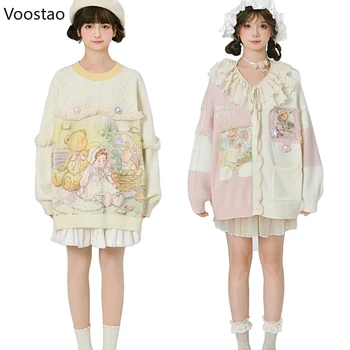 Mori Kız Tarzı Tatlı Örme Kazaklar Sonbahar Kış Kadın Kawaii Karikatür Baskı Kazak Ceket Kızlar Sevimli Triko Hırka Tops