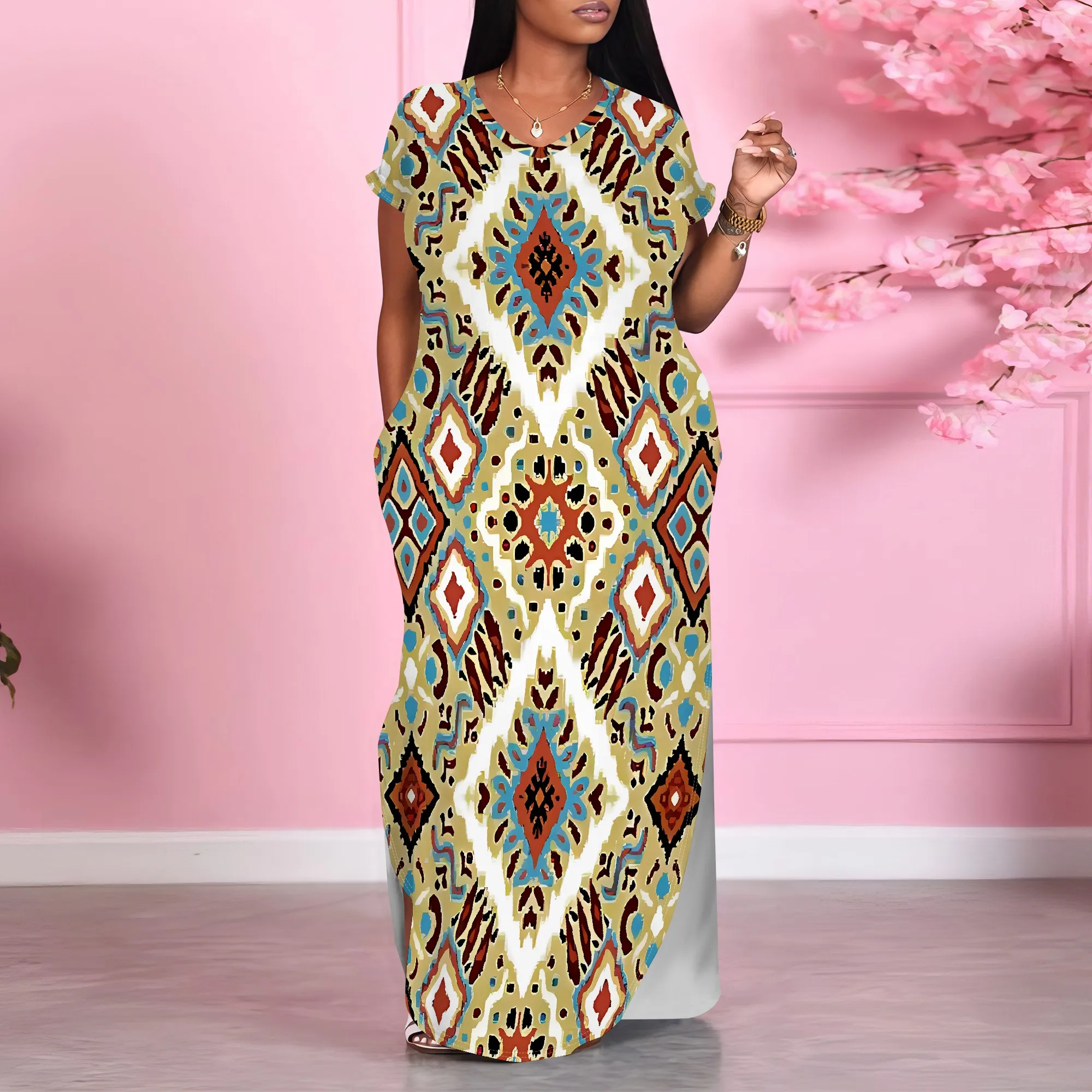 

Nupusa Women Boho Ethnic Print Maxi Dress Summer Casual Off Shoulder Loose Fit Long Dress with Pockets