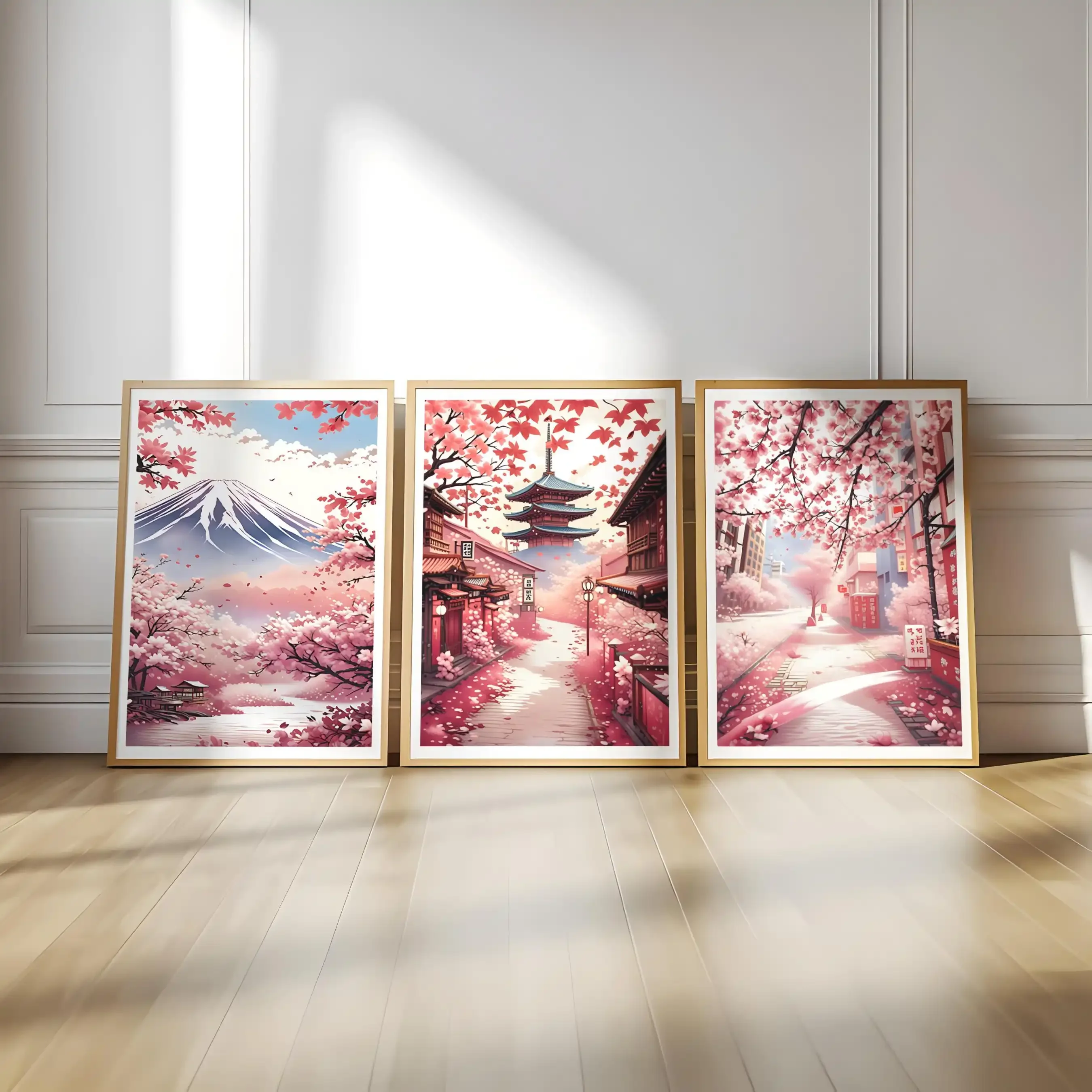 Large-sized frameless 3pcs  Set of 3 Japan Cherry Blossom Wall Art Mt Fuji Japanese Prints Sakura Decor  Canvas Poster Prints