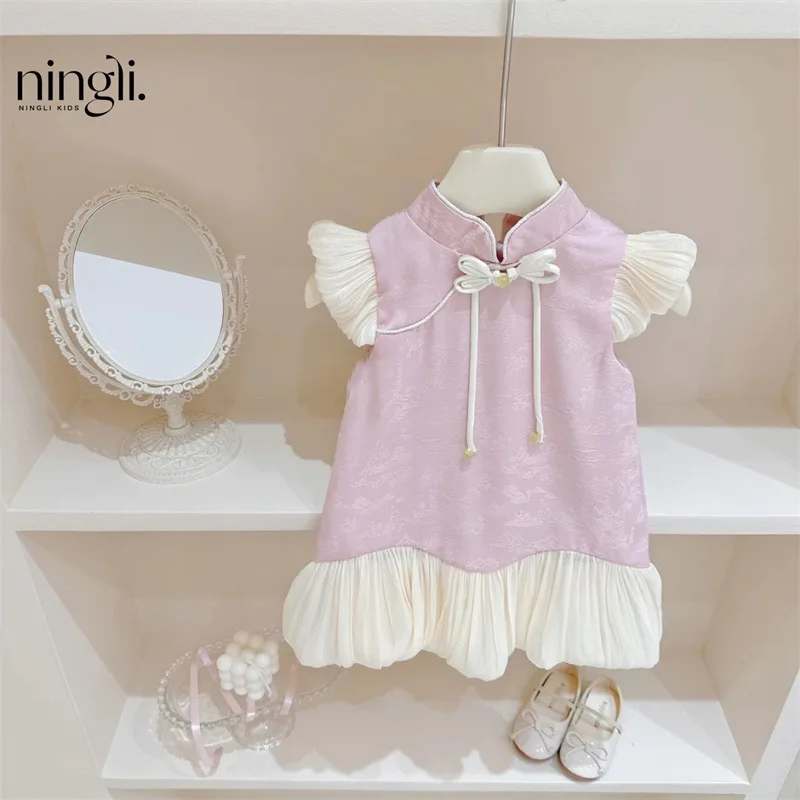 Girls' New Chinese Style Dress New Cute Girl Baby Summer Chinese Style Qipao Fashionable Princess Dress