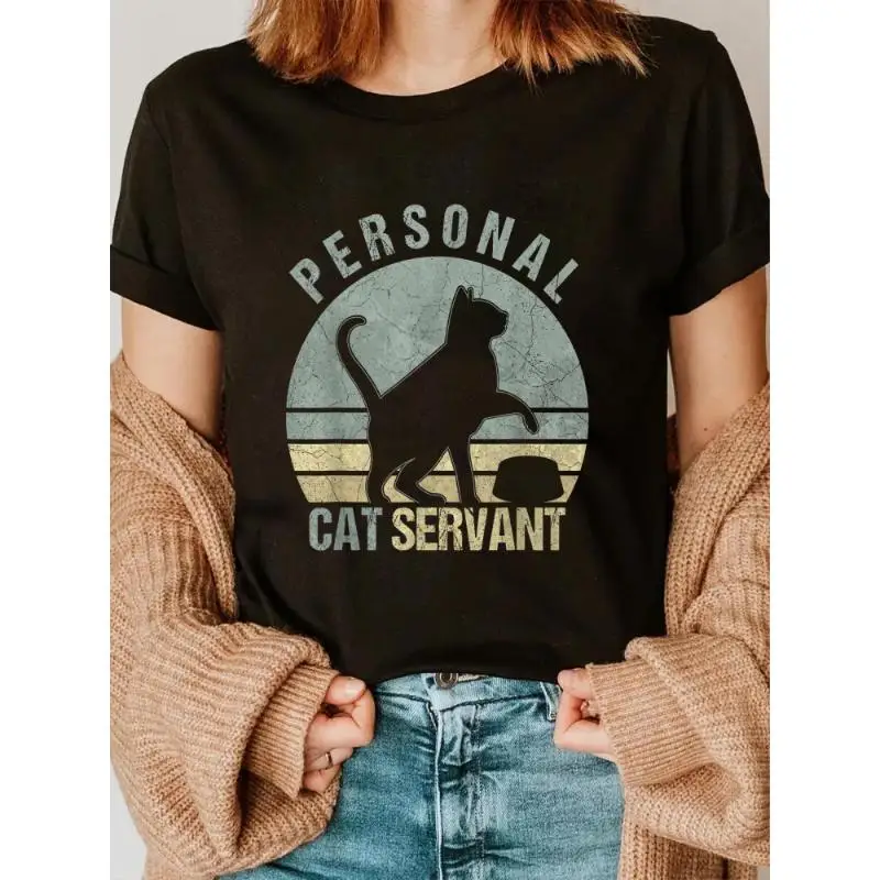 

Fashion Tshirt Personal Cat Servant Funny Black Cat Lovers Owners Mom Dad T-Shirt
