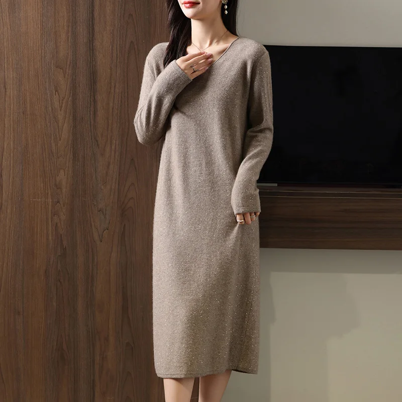 Winter/Autumn Hot Selling V-neck Women\'s Dress 100% Wool Knitted Women\'s Long Skirt 2024 Soft and Warm New Long Sweater