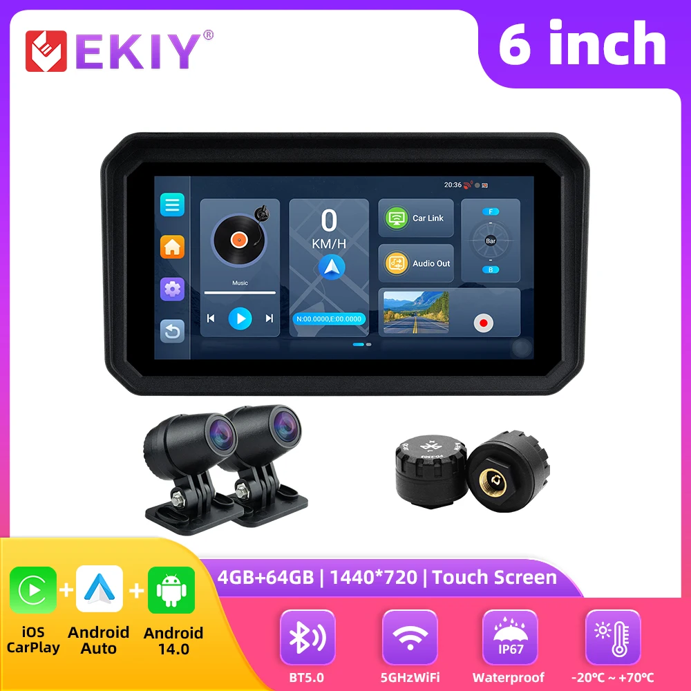 

EKIY Android 14.0 4+64GB 6 Inch Motorcycle Touch Screen Motorcycle Carplay Navigation GPS Wireless Apple Carplay Android Auto