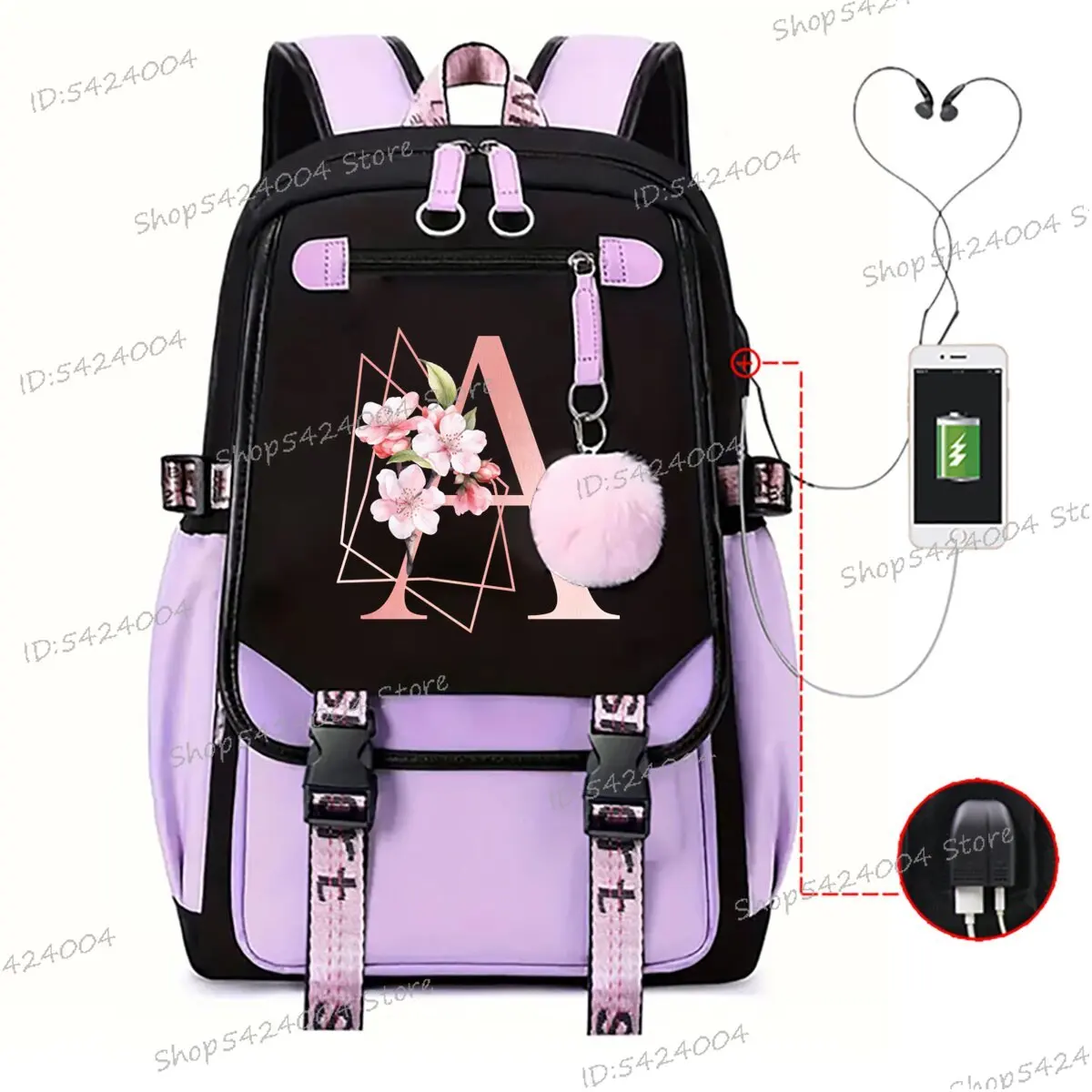 A-Z 26 Alphabet Backpack Design Pink Sakura Lover High Quality Schoolbag Girl 26 Initials Cherry Blossom Creativity Knapsack Bag