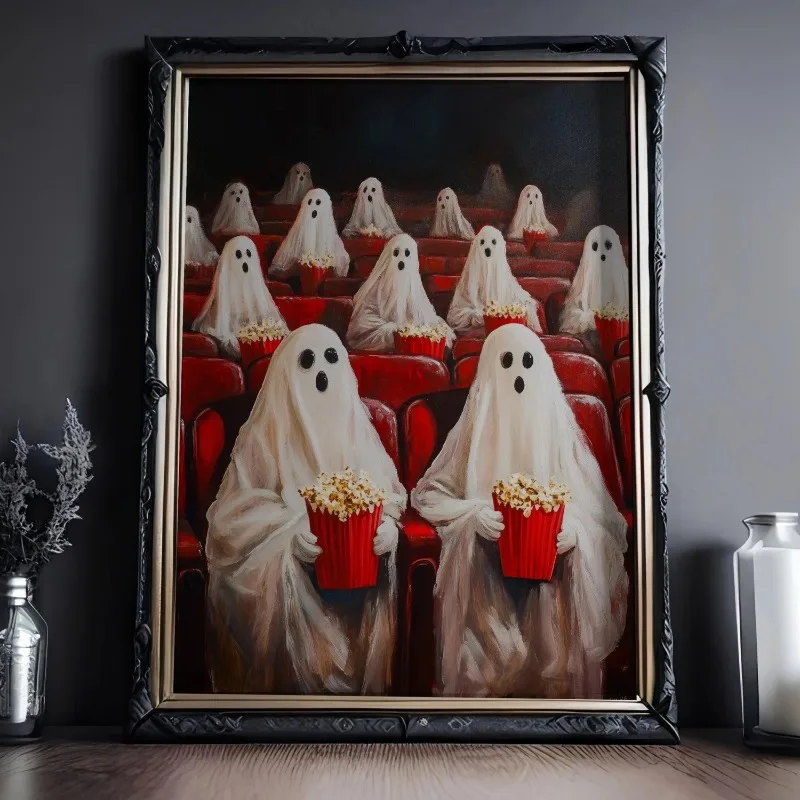 Ghosts Eating Popcorn At Movie Theater Wall Art Print Funny Spooky Vintage Cinema Halloween Whimsical Home Decor Unframed Canvas