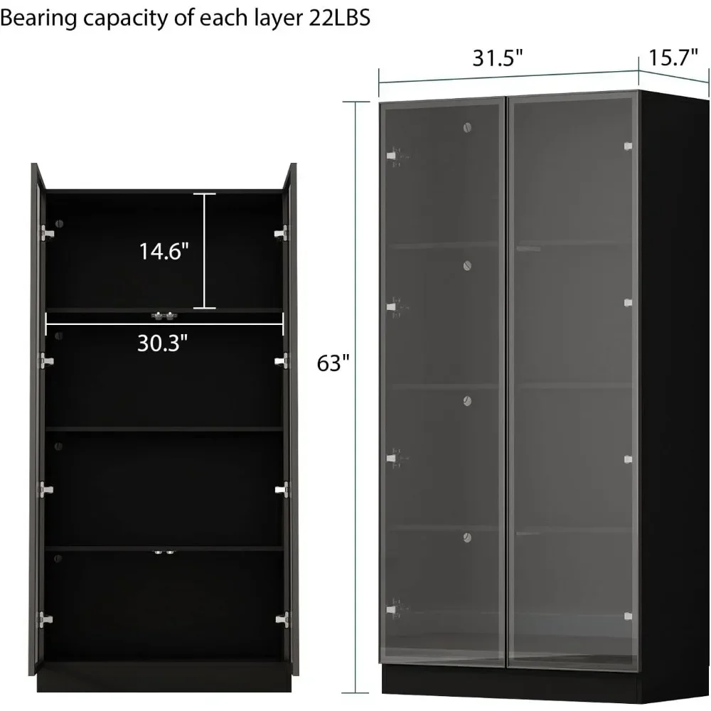 Kabinet layar dengan pintu dan lampu kaca, 4 rak untuk penyimpanan, tampilan wadah trofi 31.5 inci W x 15.7 inci D x 63 inci H