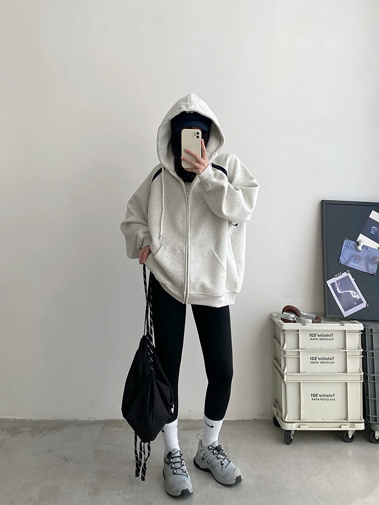 Women Oversized Sweatshirt Harajuku Y2K Drawstring Hooded Zip Up Coat Korean Casual Loose Streetwear Female Tops