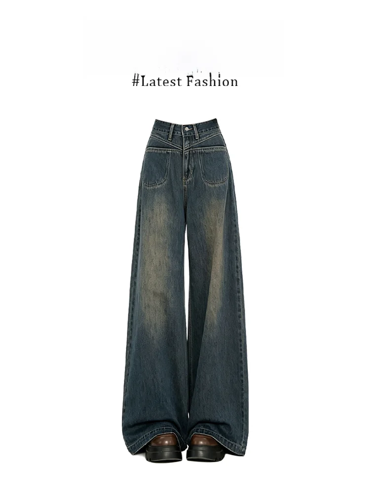 

Parkyeon High Waist Wide Leg Denim Jeans Women's Autumn Winter Small Size Drapey Retro Straight Leg Pants Casual Style