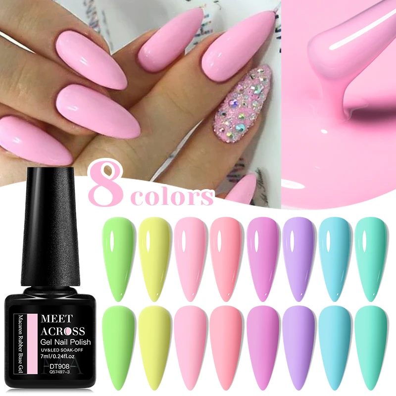 MEET ACROSS 7ml Macaron Rubber Base Gel Nail Polish Candy Colorful Color Semi Permanent Soak Off UV LED Construction Gel Varnish