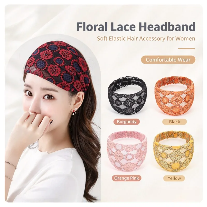 Floral Lace Headband Women Elastic Wide Hair Wrap Breathable Turban Hair Cover Daily Hair Accessory