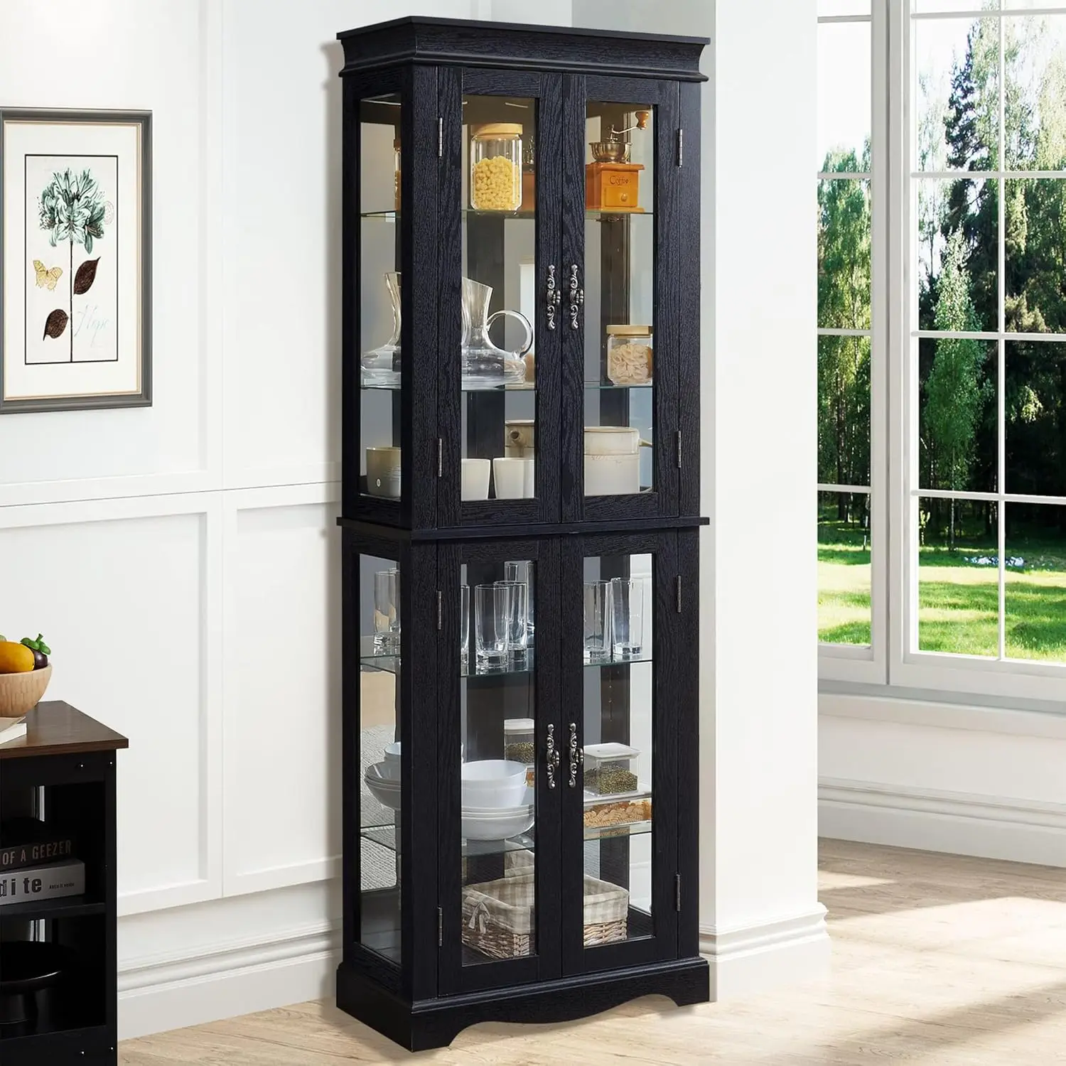 Adjustable Shelves Vintage Square Lighted Curio Cabinet Tempered Glass Doors Display Showcase For Home Collectible Display