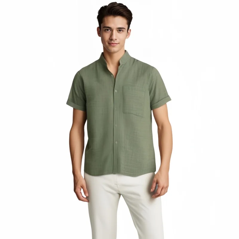 Summer Men's Solid Color Stand Up Collar Shirt Top Oversized Fashion Casual Short Sleeve Slim Fit Pocket Shirt