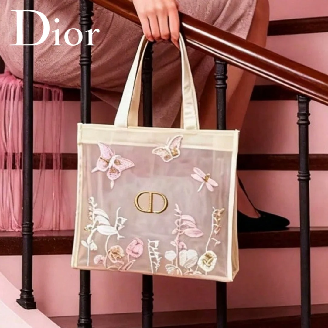 Christian Dior Dior’s Bag Luxury Designer Semi-transparent Mesh Makeup Bag Butterfly Floral Print Travel Cosmetic Organizer Pouc