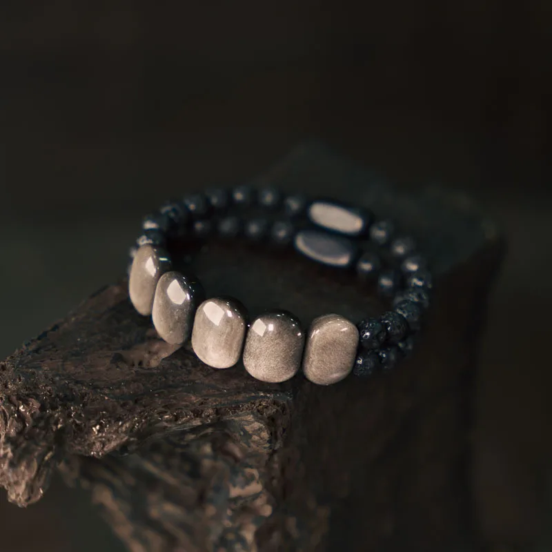 Bracelet en obsidienne argentée pour femmes, bracelet en pierre volcanique vintage tendance pour hommes, élégant et polyvalent