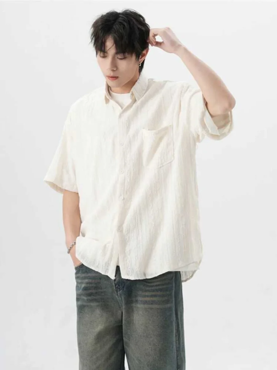 Elegant Embroidered Hollow out Short Sleeve Men's Shirt Summer Loose Stylish Thin Pure Color Half Sleeve Shirt Jacket