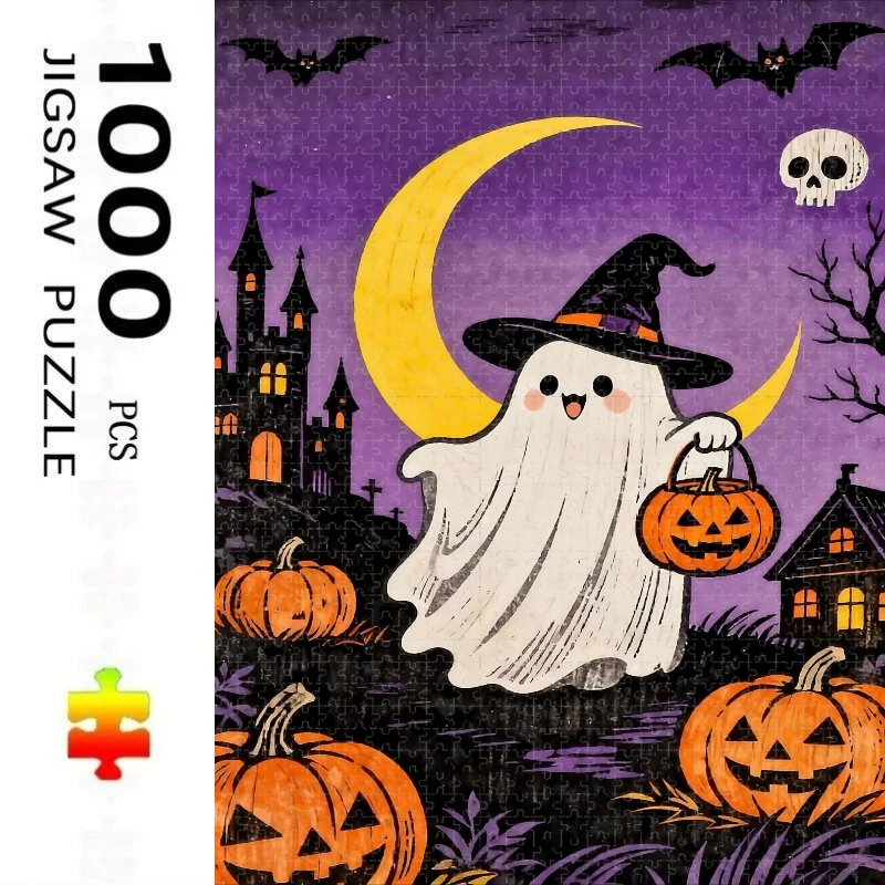 500/1000/1200/2000 PCS Jigsaw Puzzles Cute Halloween Activity Games Pumpkin Lantern Ghost Black Cat Gameroom Bedroom Home Decor